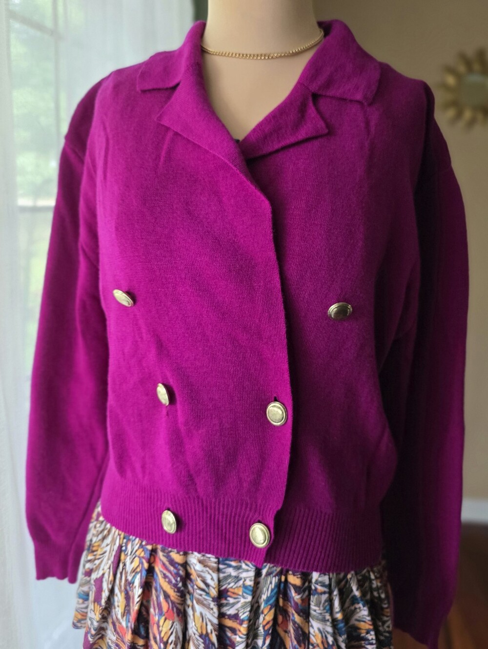 Vintage 100% Wool Magenta Double Breasted Blazer Cardigan Sweater Petite Medium